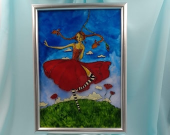 Poppy Girl Stained Glass Painting, Hand Painted, Meaningful Gift for Girl, Home Decor