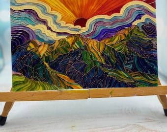 Stained Glass Mountain Sunrise Painting: Framed Wall Art