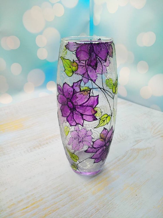 手描きステンドグラスの花瓶 - 紫色の花のホームデコレーション - Etsy 