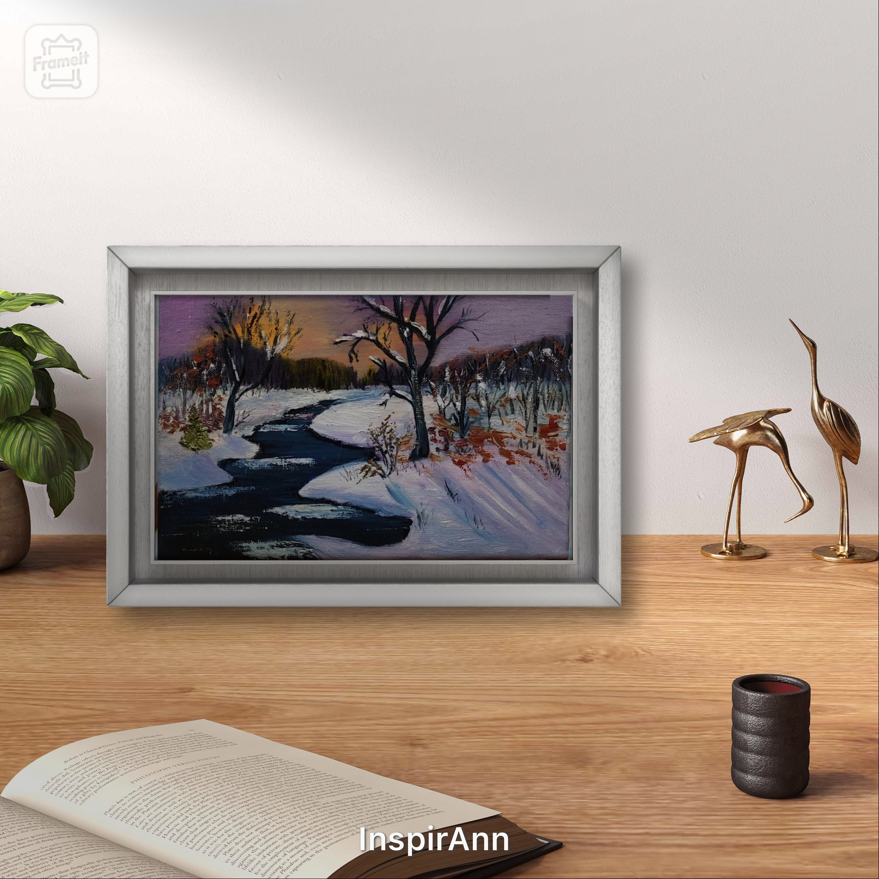 冬の川の油絵：夜明けの森の風景画 - Etsy 日本