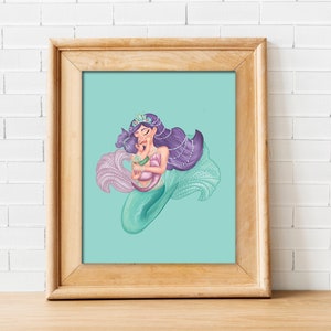 Mermaid Snuggles, digital printable, illustration, girls nursery art, whimsical, mommy and me, mother&#39;s day gift