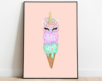 Unicorn Ice Cream Cone, kitchen art, dessert art, Ice cream printable, pastel ice cream, rainbow print, unicorn birthday, rainbow unicorn