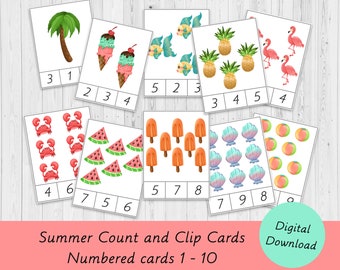 Summer Counting Clip Cards, Montessori Number Activity (PDF Pattern)