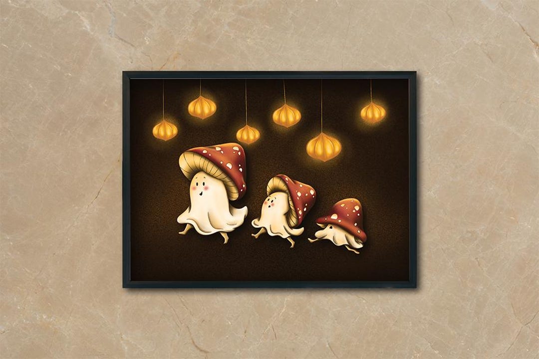 Cute Mushroom Ghost Art Print, Whimsical Halloween Decor (digital ...