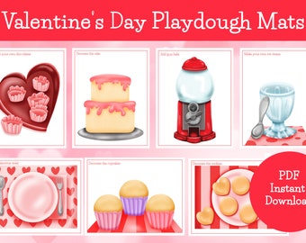 May include: Six printable Valentine's Day playdough mats featuring images of hearts, cupcakes, a gumball machine, and ice cream. The text "PDF Instant Download" is in the lower right corner.