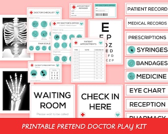 May include: Printable pretend doctor play kit with various signs, forms, and medical equipment. Includes a waiting room sign, check-in sign, eye chart, patient record, prescription, doctor checklist, and more.