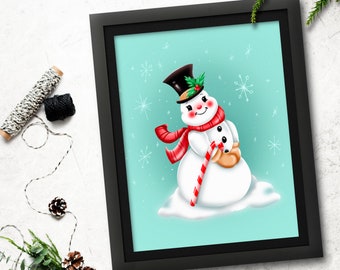 Retro Candy Cane Snowman Print: Kitsch Christmas Art (Instant Download)