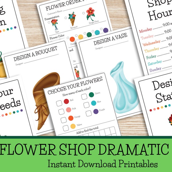 Flower Shop Dramatic Play, Printable Garden Shop Pretend Kit, Printable Kids Activity, Preschool Printable Activity, Florist Dramatic Play