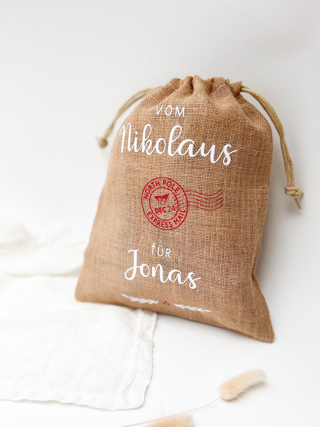 Nikolaus-Jutesäckchen – Natur, 17x25 Cm, Mit Bild, 10 Stück, Für Weihnachtsgeschenke & Adventskalender