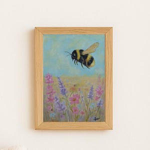 Pintura a óleo em miniatura, 5x7", arte original em papelão, natureza de abelha pequena, presente de arte de parede, pintura de quarto infantil, presente para uma criança