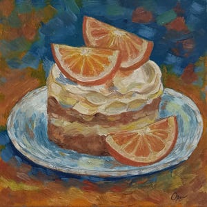 Pintura al óleo original "Pastel de naranja" sobre cartón, 15x15 cm. Decoración perfecta para la pared de la cocina o el comedor, un regalo para los amantes de la gastronomía.