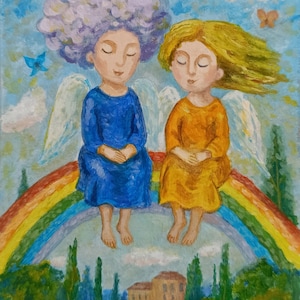 Pintura al óleo caprichosa de 1,2 x 1,8 cm sobre cartón: dos ángeles con alas sobre un arcoíris. Perfecta para la habitación de un bebé o para la decoración espiritual del hogar.