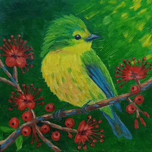 Colorful oil painting of a bright bird on branch, 6x6 inch original artwork, nature wall decor, small canvas bird art