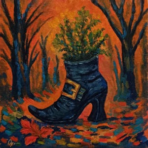 Pintura al óleo caprichosa de Halloween sobre cartón de 6x6: Bota de bruja en un bosque otoñal encantado, decoración otoñal acogedora, arte original