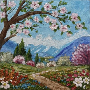Blooming Valley, pintura a óleo original em papelão, presente de arte de parede para ela, arte em miniatura, pintura com vista para a montanha, arte da DollSoulShop