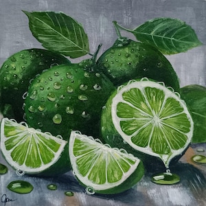 Mañana de lima – Pintura al óleo original sobre cartón, pequeño bodegón de cítricos, 15x15 cm, arte mural de frutas verdes, decoración de cocina, obra de arte de lima fresca