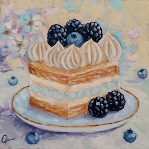 Pintura al óleo de tarta de arándanos pintada a mano sobre cartón, arte de postre de 6 x 6 pulgadas para decoración de cocina o regalo dulce.