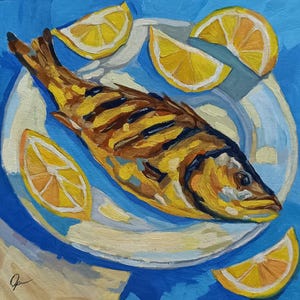 Original Still Life Oil Painting: Grilled Fish and Lemons, Coastal Kitchen Art