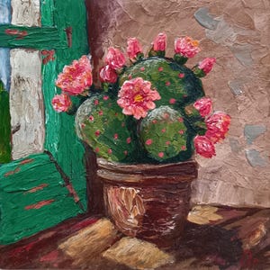 Cantinho Silencioso, Pintura Acrílica Original – Cacto Florescendo em Vaso de Barro, Arte de Parede Texturizada, Decoração de Casa no Deserto do Sudoeste, Arte da DollSoulShop