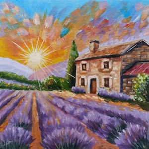 Atardecer lila, pintura al óleo original sobre cartón, regalo de arte mural para ella, obra de arte en miniatura, arte realista de DollSoulShop