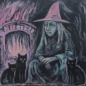Art de sorcière lunatique avec des chats noirs, tons pastel poussiéreux de rose-noir et menthe-noir. Décoration gothique d'Halloween parfaite. Peinture à l'huile originale.