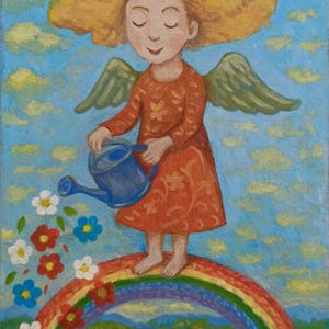 Pintura al óleo caprichosa de 5x7 sobre cartón: Ángel con alas y regadera sobre un arcoíris