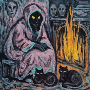 Pintura a óleo de Halloween — Bruxa com gatos perto do fogo, arte de parede assustadora, decoração gótica para casa, pequena obra de arte original em papelão