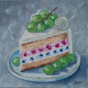 Pastel de Uvas Verdes – Pintura al óleo original sobre cartón (15x15 cm) / Arte mural de postres para decorar la cocina