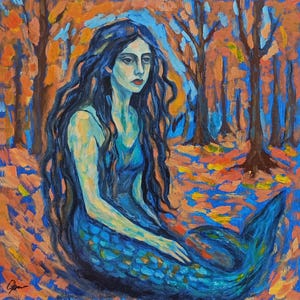 Pintura de Sereia de Halloween – Óleo original sobre papelão 7,87x7,87" – Arte da Floresta de Outono, Decoração de Parede Mística, Arte de Outono com Bruxa