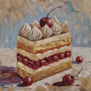 Pastel de cerezas – Pintura al óleo original sobre cartón (15x15 cm) / Arte mural de postres para decorar la cocina