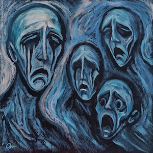 Emotional expressionist painting "The Weeping Souls" – haunting blue faces, perfect for gothic or Halloween wall art décor
