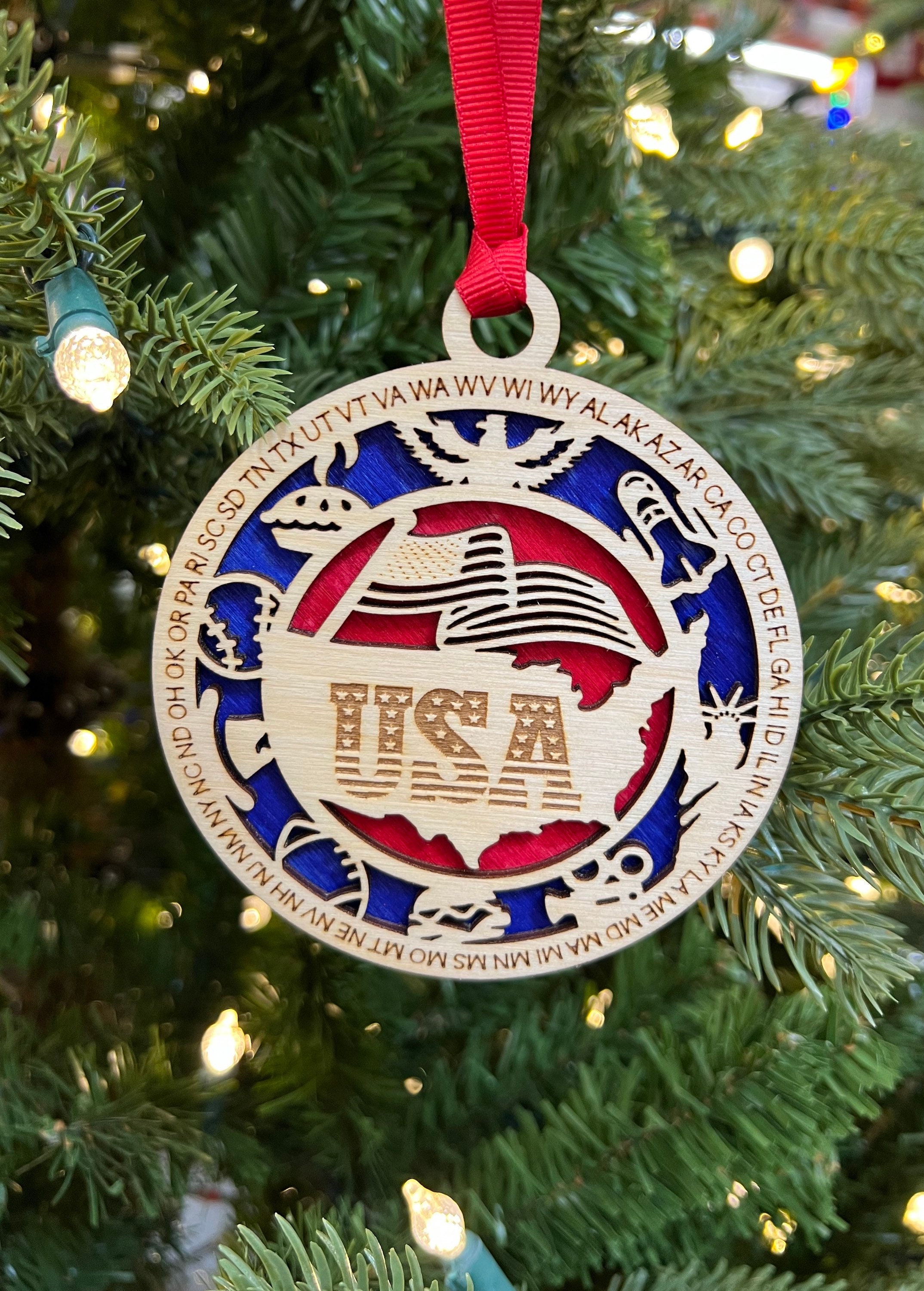 50 States Christmas Ornament, American Flag, USA, Patriotic, Engraved