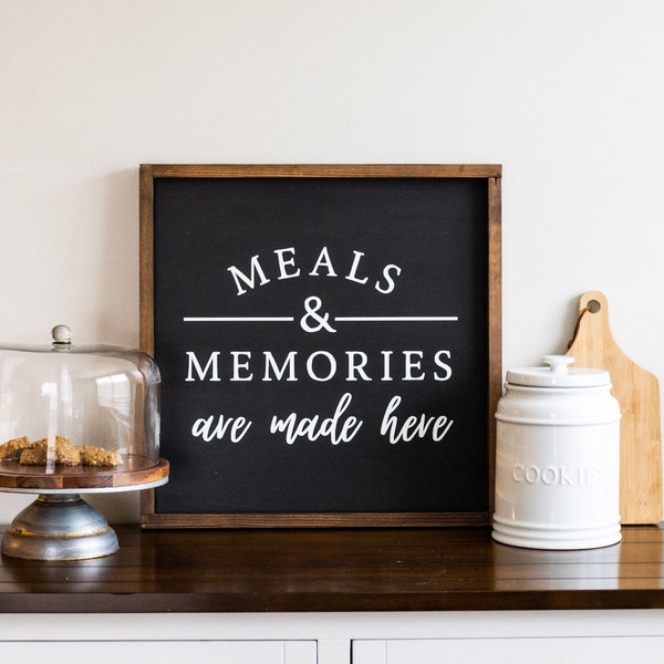 Simple Framed Wood Kitchen Sign | Meals and Memories Are Made Here | Farmhouse Style Kitchen Sign | Dining Room Memories Sign