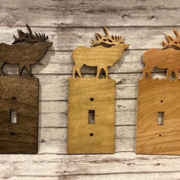 Wood light switch plate cover elk home decor, wood carving, handmade craft, wood decor, gift