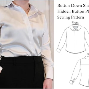 May include: A button-down shirt with a hidden button placket, made of a shiny, light-colored fabric. The long-sleeved shirt has a classic collar and cuffs. The image also includes a sewing pattern diagram of the shirt, showing the front and back views.