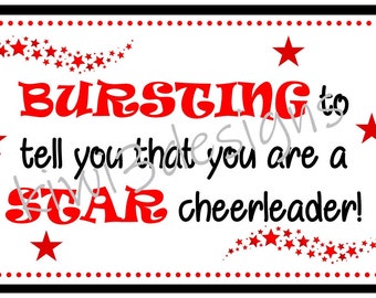 Team Gifts, Favor Tags, Cheer Gifts, Candy Gram, Inspirational PDF file INSTANT DOWNLOAD, "Bursting to tell you...StAr Cheerleader"