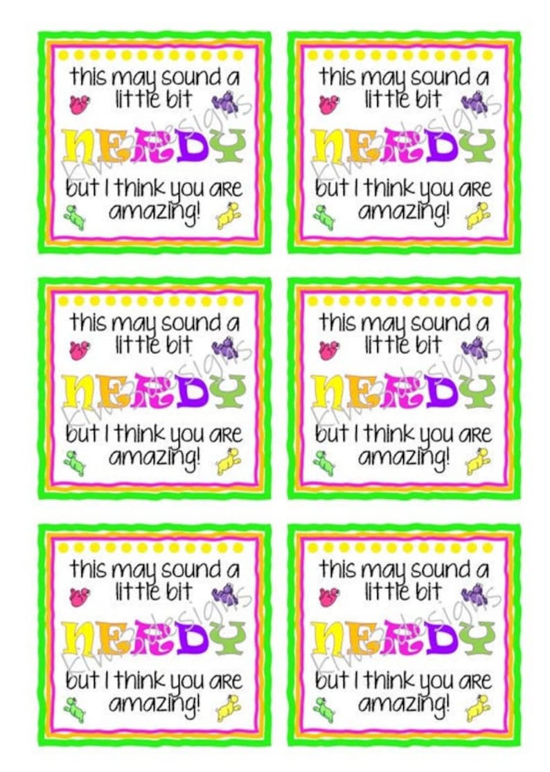 May include: Six green and yellow printable gift tags with the text "This may sound a little bit nerdy but I think you are amazing!" in colorful letters.