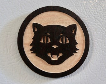 Black Cat Face Round Wood Magnet - Amante del gato - Armario o nevera