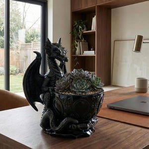 Puede incluir: Una maceta negra con forma de dragón que sostiene un arreglo de suculentas. El dragón tiene alas detalladas y un cuerpo texturizado, con la maceta con diseños ornamentados. Las suculentas son una mezcla de tonos verdes y morados.
