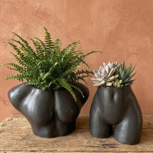 Puede incluir: Dos macetas de cerámica gris oscuro con forma de cuerpo femenino, una con forma de torso y otra con forma de parte inferior del cuerpo. La maceta del torso contiene un exuberante helecho verde, mientras que la otra contiene suculentas y plantas pequeñas. Las macetas están sobre una superficie de madera.