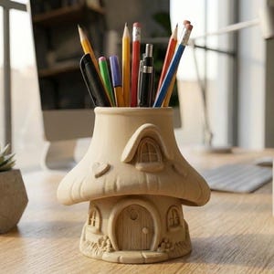 May include: A beige ceramic pencil holder shaped like a mushroom house, with a door, windows, and a heart detail. The holder is filled with pencils, pens, and markers. A succulent in a geometric pot is to the left.