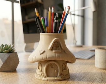 Mushroom Fairy House Pencil Holder – 3D Printed Whimsical Cottagecore Desk Organizer, Fantasy Pen & Brush Holder
