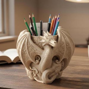 A 3D Printed dragon-shaped pencil holder filled with various colored pencils and pens, placed on a wooden surface.