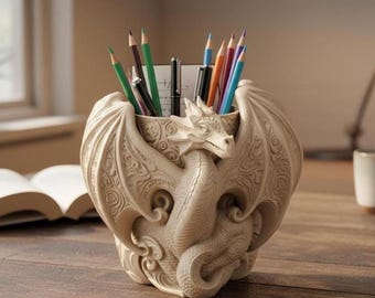 Dragon Pen Holder Desk Organizer | Celtic Gothic Pencil Cup | Fantasy Desk Accessory | 3D Printed DnD Office Decor | Medieval Dragon Gift