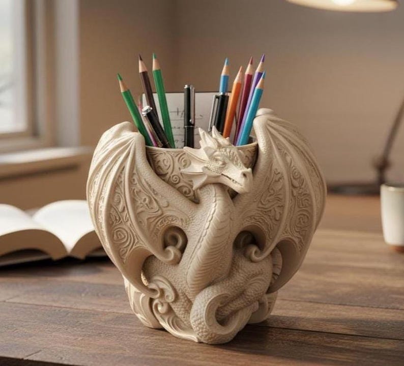 A 3D Printed dragon-shaped pencil holder filled with various colored pencils and pens, placed on a wooden surface.
