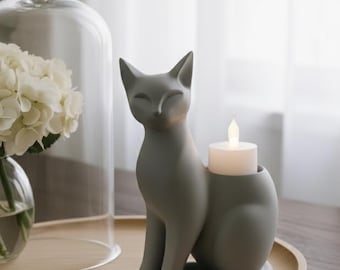 Cat Silhouette Candle Holder, 3D Printed Modern Tealight LED candlestick sculpture