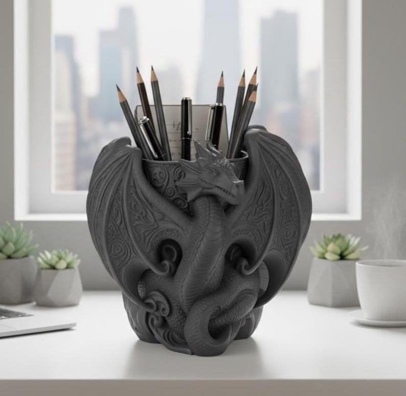 Dragon pennenhouder bureauorganizer | Keltisch-gotische potloodbeker | Fantasie bureauaccessoire | 3D-geprint DnD-kantoordecor | Middeleeuws drakencadeau afbeelding 4