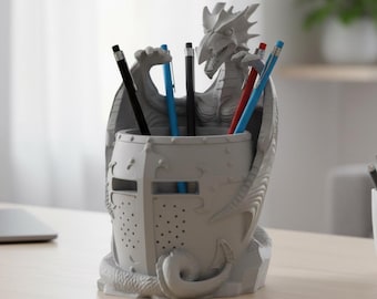 Dragon Knight Helmet Pen Holder, Fantasy Desk Organize 3D Printed Desk Accessory