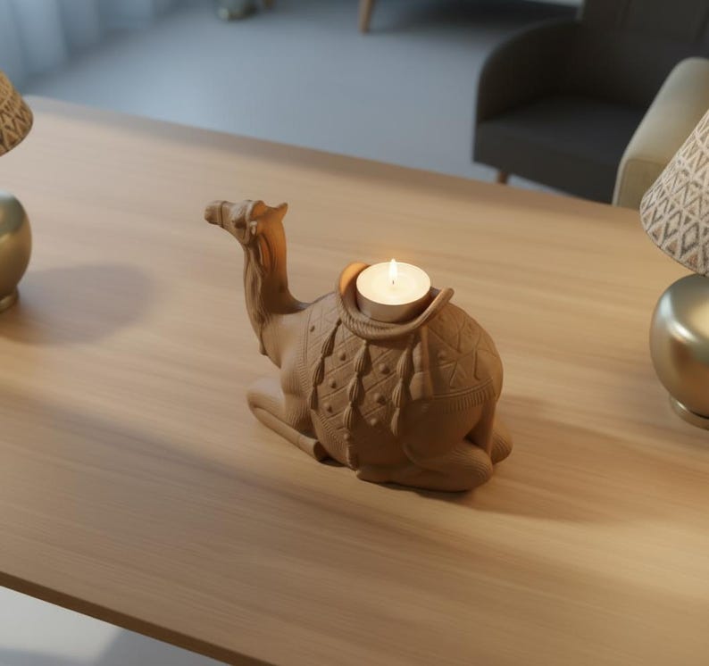 May include: A tan-colored camel-shaped candle holder with a lit tea light candle. The decorative piece has detailed saddle designs and is placed on a light-colored wooden surface. The candle holder is a unique home decor item.