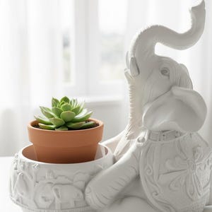 Może przedstawiać: Biała ceramiczna donica w kształcie słonia trzymająca małą terakotową doniczkę z zielonym sukulentem. Słoń ma szczegółowe rzeźbienia i podniesioną trąbę. Dekoracyjny przedmiot.